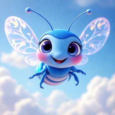 The primary subject of the image is a blue butterfly with pink eyes and a smile on its face. It is flying in a blue sky with clouds. The setting is a bright and cheerful environment, with the butterfly being the main focus of the image. The visual style is a digital art or illustration, creating a whimsical and playful atmosphere. The colors and mood are predominantly blue and pink, with the butterfly's smile adding a touch of warmth and happiness to the scene